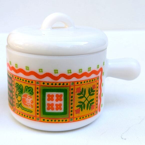 Vintage 1970s Avon Milk Glass Jar Unopened Candle Orange Green Yellow Mod Design - Picture 8 of 12